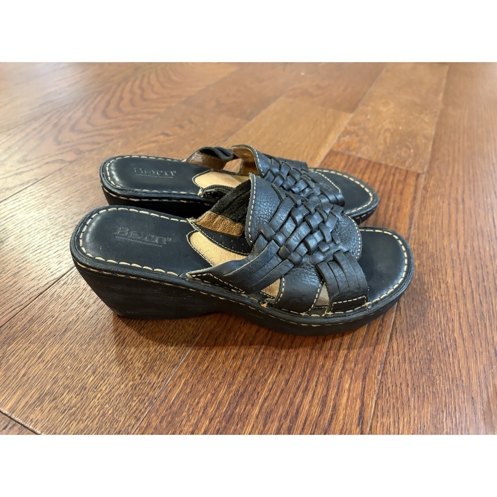 Born Black Leather Weave Wedge Slide Sandal Sz 8